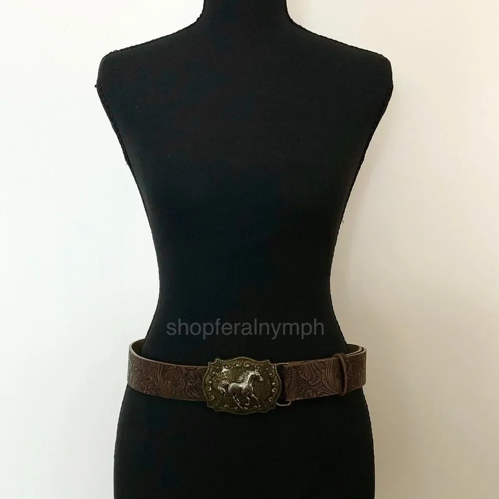 Vintage Ornate Western Brown Faux Leather Belt, Fits 28.5–39 Inches, X7GA1213